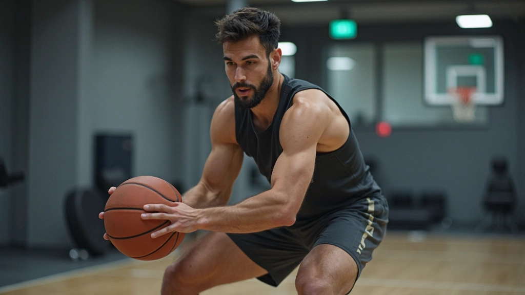 لاعب كرة سلة يقوم بتمارين تدريبية للقوة والمرونة في صالة ألعاب حديثة