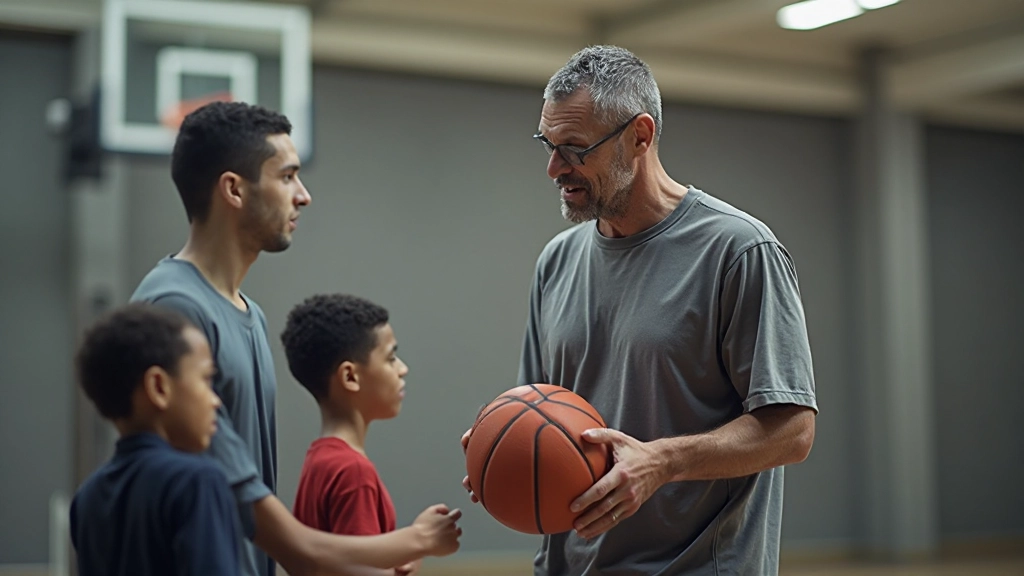 مدرب كرة سلة يراقب وينصح لاعب شاب على تحسين تقنية التصويب خلال جلسة تدريبية