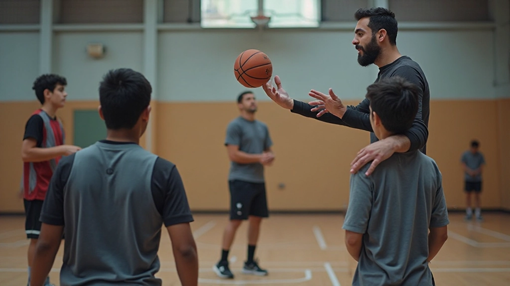 مدرب يعلم تقنيات التصويب لمجموعة من لاعبي كرة السلة الشباب
