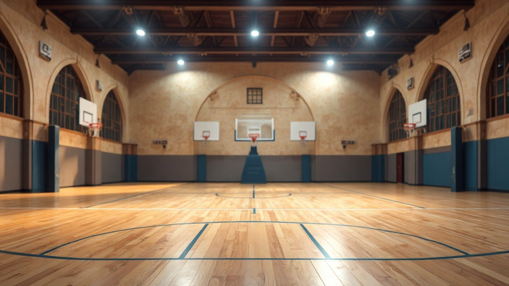 ملعب كرة سلة احترافي بإضاءة حديثة وملامح معمارية عصرية