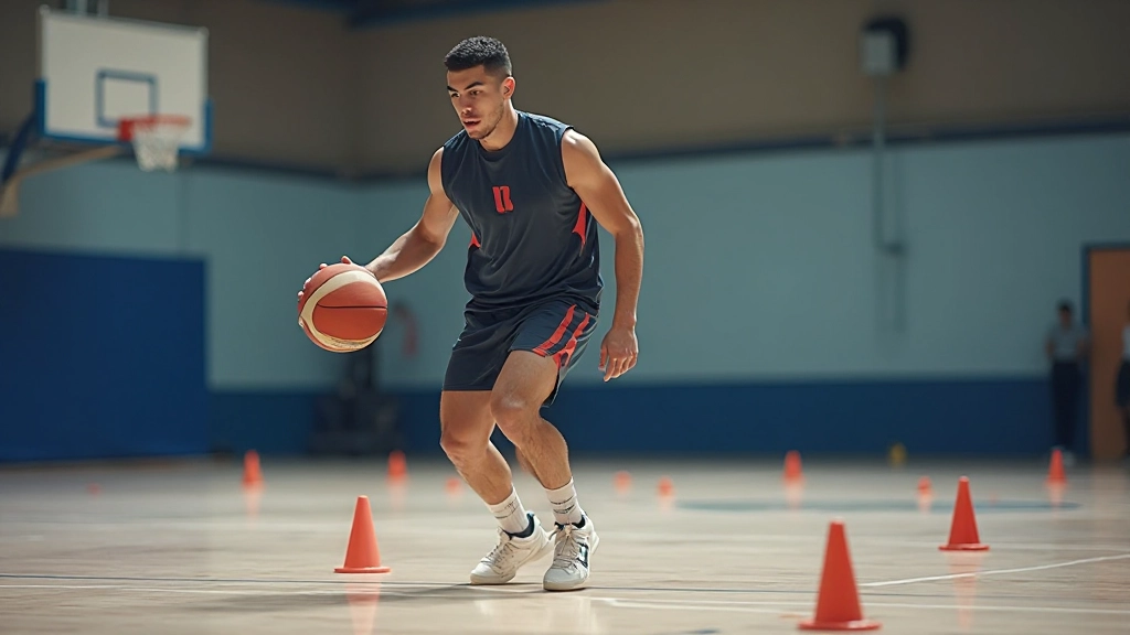 لاعب كرة سلة يمارس مهارات المراوغة والتحكم بالكرة