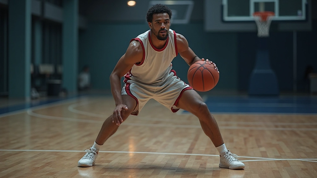 لاعب دفاع في وضعية دفاعية صحيحة مع توازن ممتاز في ملعب كرة السلة