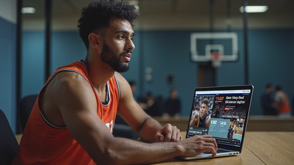 لاعب كرة السلة يحلل الفيديو والإحصائيات على الشاشة