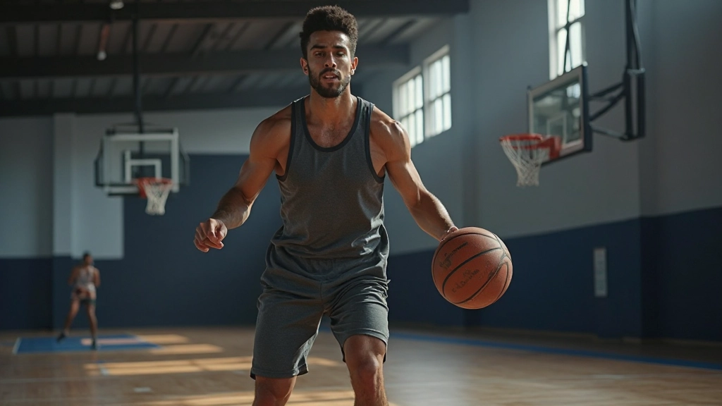 لاعب كرة سلة يؤدي تمارين قوة متقدمة في صالة ألعاب رياضية حديثة