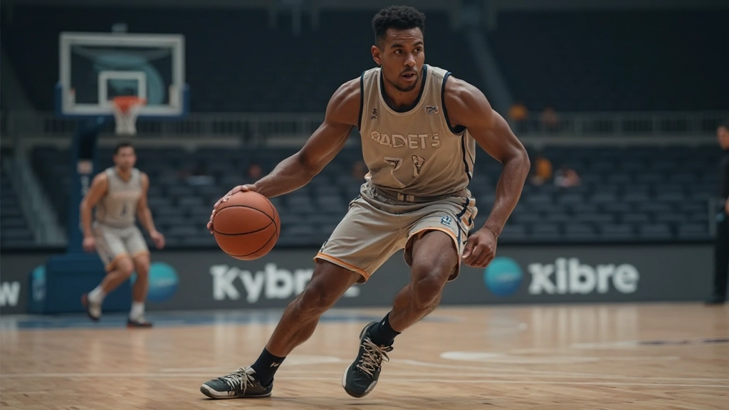 لاعب كرة سلة محترف يمارس المراوغة في ملعب حديث