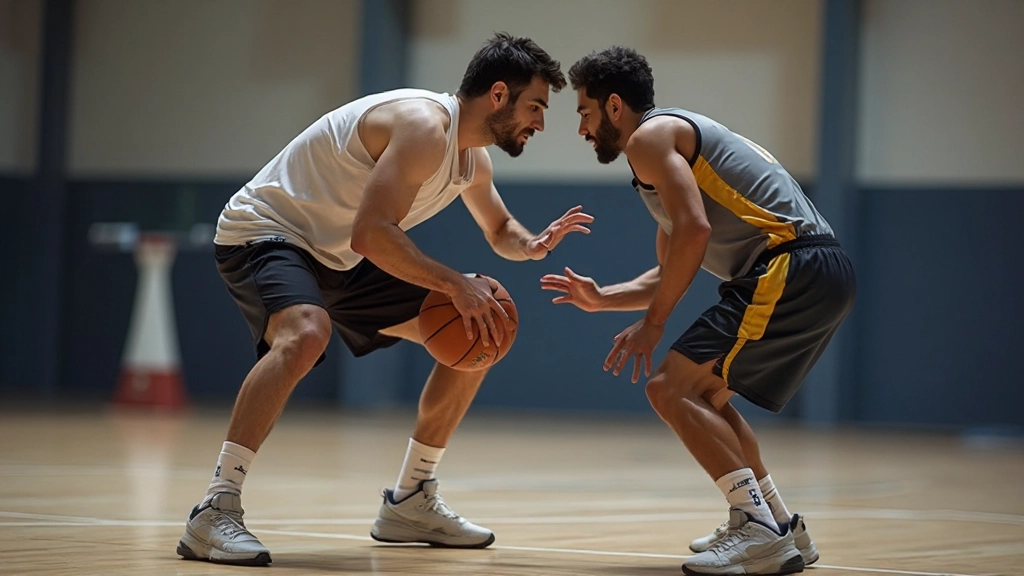 لاعب دفاع محترف يوقف تقدم لاعب هجوم في ملعب كرة السلة