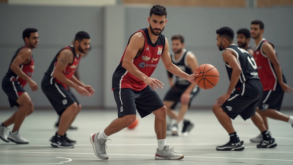 فريق كرة سلة متنوع يمارس تمارين دفاعية منظمة على الملعب
