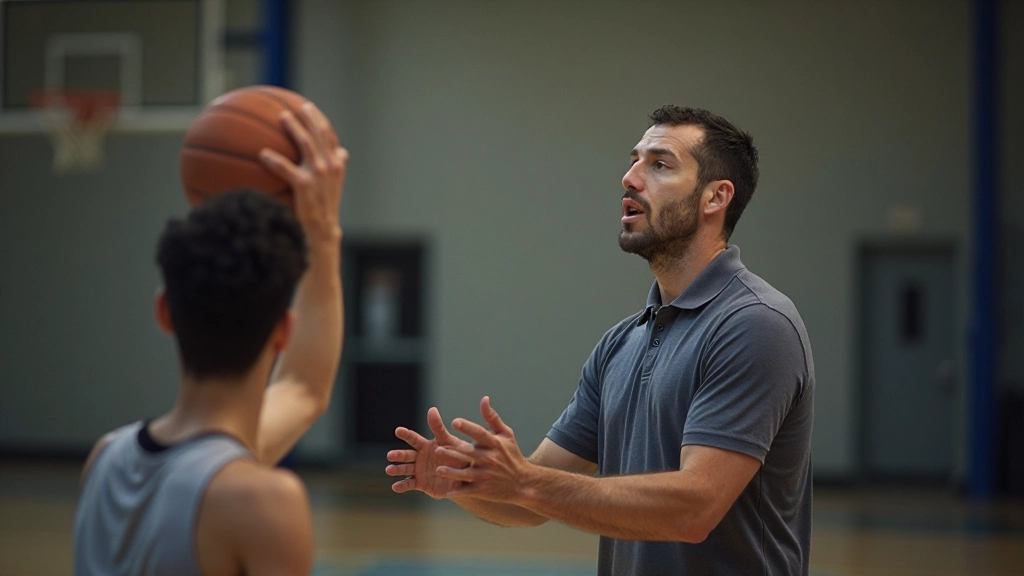 مدرب كرة سلة محترف يوضح تقنيات التصويب الصحيحة للاعبين في ملعب مضاء جيداً
