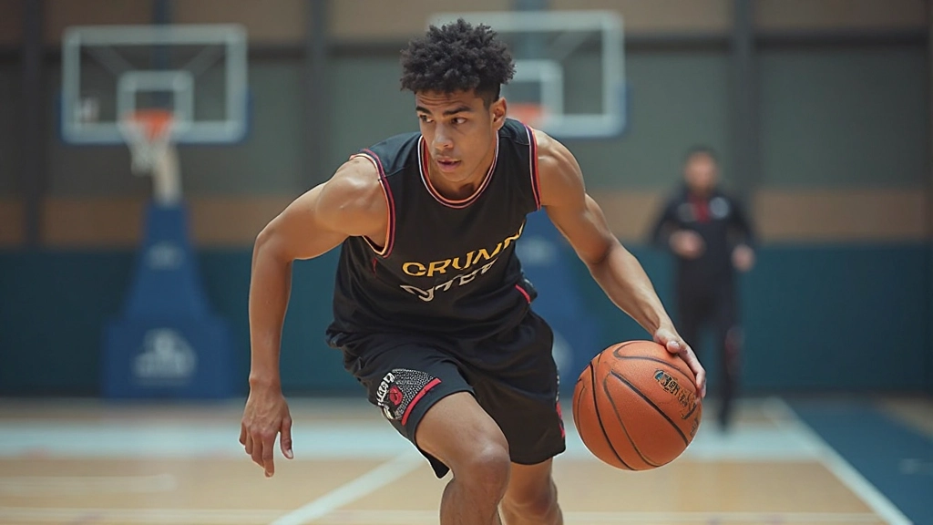 لاعب كرة سلة شاب يؤدي تمارين التحكم بالكرة على أرضية الملعب