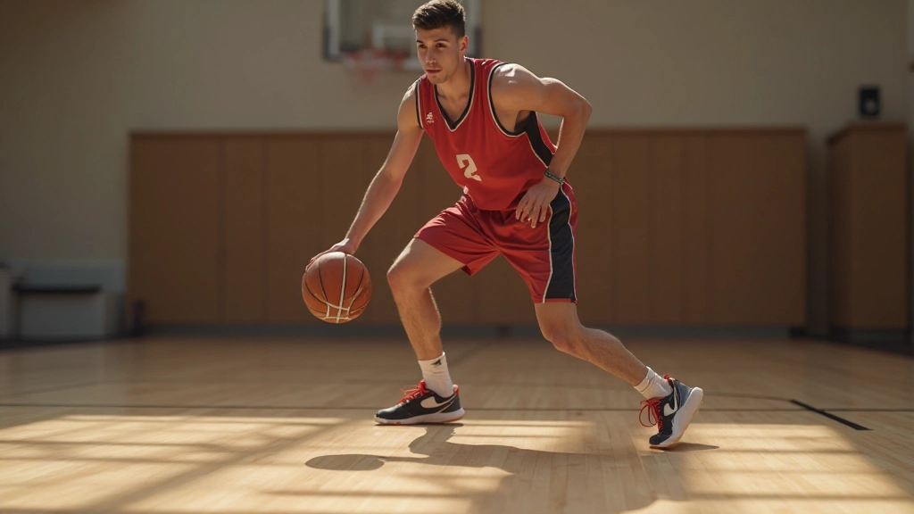 لاعب كرة سلة شاب يؤدي تمارين التحكم بالكرة على أرضية الملعب بمهارة وتركيز